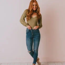 Vendor-unknown Suki Ribbed Bodysuit Olive Tops