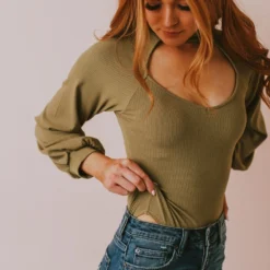 Vendor-unknown Suki Ribbed Bodysuit Olive Tops