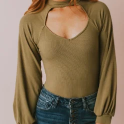 Vendor-unknown Suki Ribbed Bodysuit Olive Tops