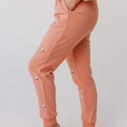 Vendor-unknown Bottoms Miley Flower Embroidered Sweatpants Salmon