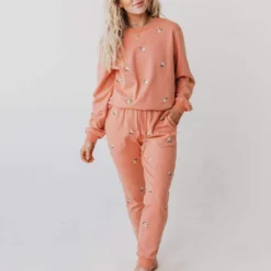 Vendor-unknown Bottoms Miley Flower Embroidered Sweatpants Salmon