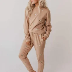 Vendor-unknown Bottoms Miley Flower Embroidered Sweatpants Taupe