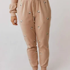 Vendor-unknown Bottoms Miley Flower Embroidered Sweatpants Taupe