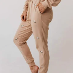 Vendor-unknown Bottoms Miley Flower Embroidered Sweatpants Taupe