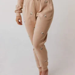 Vendor-unknown Bottoms Miley Flower Embroidered Sweatpants Taupe