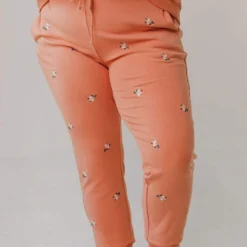 Vendor-unknown PLUS Miley Flower Embroidered Sweatpants Salmon