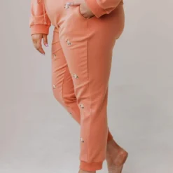 Vendor-unknown PLUS Miley Flower Embroidered Sweatpants Salmon