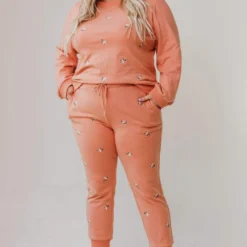 Vendor-unknown PLUS Miley Flower Embroidered Sweatpants Salmon