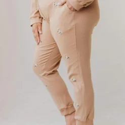 Vendor-unknown PLUS Miley Flower Embroidered Sweatpants Taupe Plus Size
