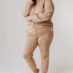 Vendor-unknown PLUS Miley Flower Embroidered Sweatpants Taupe Plus Size