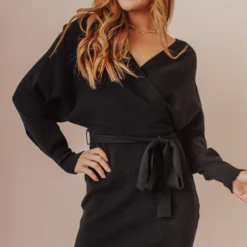 Lucy Avenue Dresses Blome V-Neck Sweater Mini Dress Black