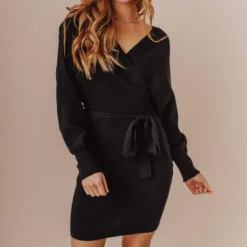 Lucy Avenue Dresses Blome V-Neck Sweater Mini Dress Black