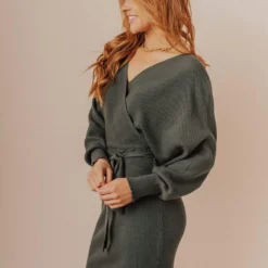 Vendor-unknown Blome V-Neck Sweater Mini Dress Olive Dresses