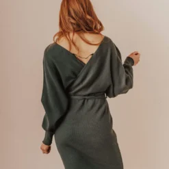 Vendor-unknown Blome V-Neck Sweater Mini Dress Olive Dresses