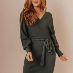 Vendor-unknown Blome V-Neck Sweater Mini Dress Olive Dresses