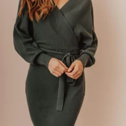 Vendor-unknown Blome V-Neck Sweater Mini Dress Olive Dresses