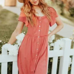 Vendor-unknown Brigitta Button Up Dress Marsala Dresses