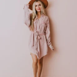 Vendor-unknown Lola Button Front Dress Mauve Long Sleeved