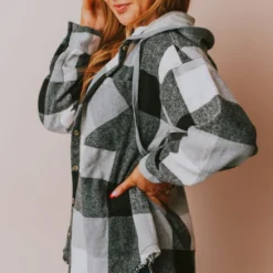 Vendor-unknown Tops Luletta Flannel Hooded Shacket Black