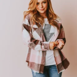 Vendor-unknown Luletta Flannel Hooded Shacket Blush Tops