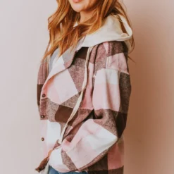 Vendor-unknown Luletta Flannel Hooded Shacket Blush Tops