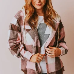 Vendor-unknown Luletta Flannel Hooded Shacket Blush Tops
