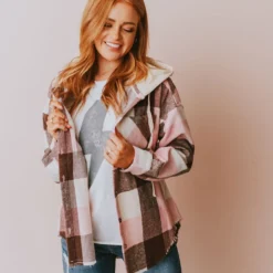 Vendor-unknown Luletta Flannel Hooded Shacket Blush Tops