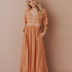 Vendor-unknown Marina Embroidered Maxi Dress Apricot