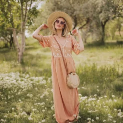 Vendor-unknown Marina Embroidered Maxi Dress Apricot