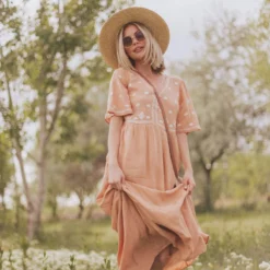 Vendor-unknown Marina Embroidered Maxi Dress Apricot