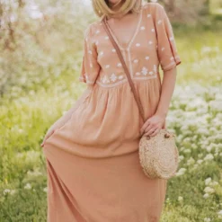 Vendor-unknown Marina Embroidered Maxi Dress Apricot