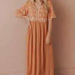 Vendor-unknown Marina Embroidered Maxi Dress Apricot