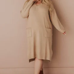 Vendor-unknown Plus Size Mischa Pocket Sweater Dress Camel