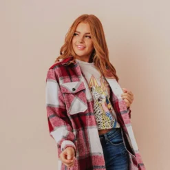 Vendor-unknown Trudy Plaid Shacket Burgundy Tops