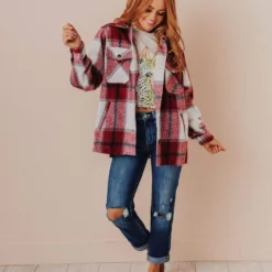 Vendor-unknown Trudy Plaid Shacket Burgundy Tops