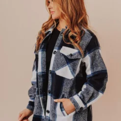 Vendor-unknown Trudy Plaid Shacket Navy Tops