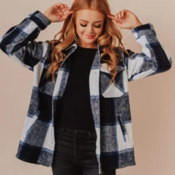 Vendor-unknown Trudy Plaid Shacket Navy Tops