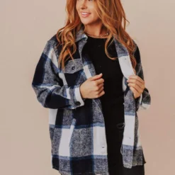 Vendor-unknown Trudy Plaid Shacket Navy Tops