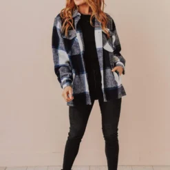 Vendor-unknown Trudy Plaid Shacket Navy Tops