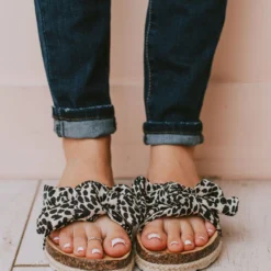 Slip On Bow Sandals Black/Beige Leopard
