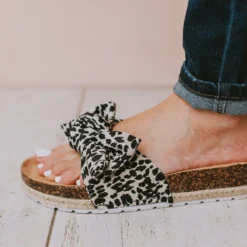Slip On Bow Sandals Black/Beige Leopard
