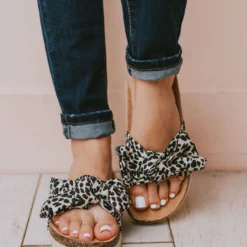 Slip On Bow Sandals Black/Beige Leopard
