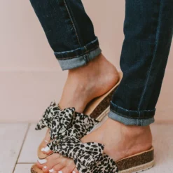 Slip On Bow Sandals Black/Beige Leopard