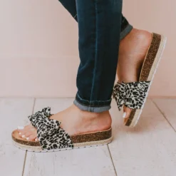 Slip On Bow Sandals Black/Beige Leopard