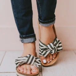 Slip On Bow Sandals Black Stripe Shoes