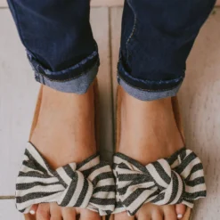 Slip On Bow Sandals Black Stripe Shoes