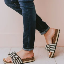 Slip On Bow Sandals Black Stripe Shoes