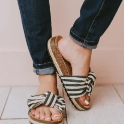 Slip On Bow Sandals Black Stripe Shoes