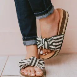 Slip On Bow Sandals Black Stripe Shoes