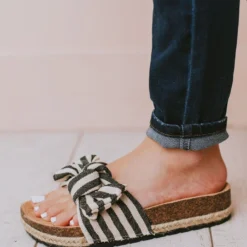 Slip On Bow Sandals Black Stripe Shoes
